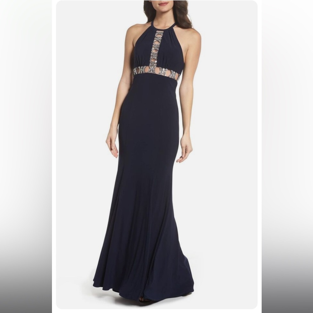 Xscape Women'S Navy Blue Halter Embellished Cutout Long Gown Dress